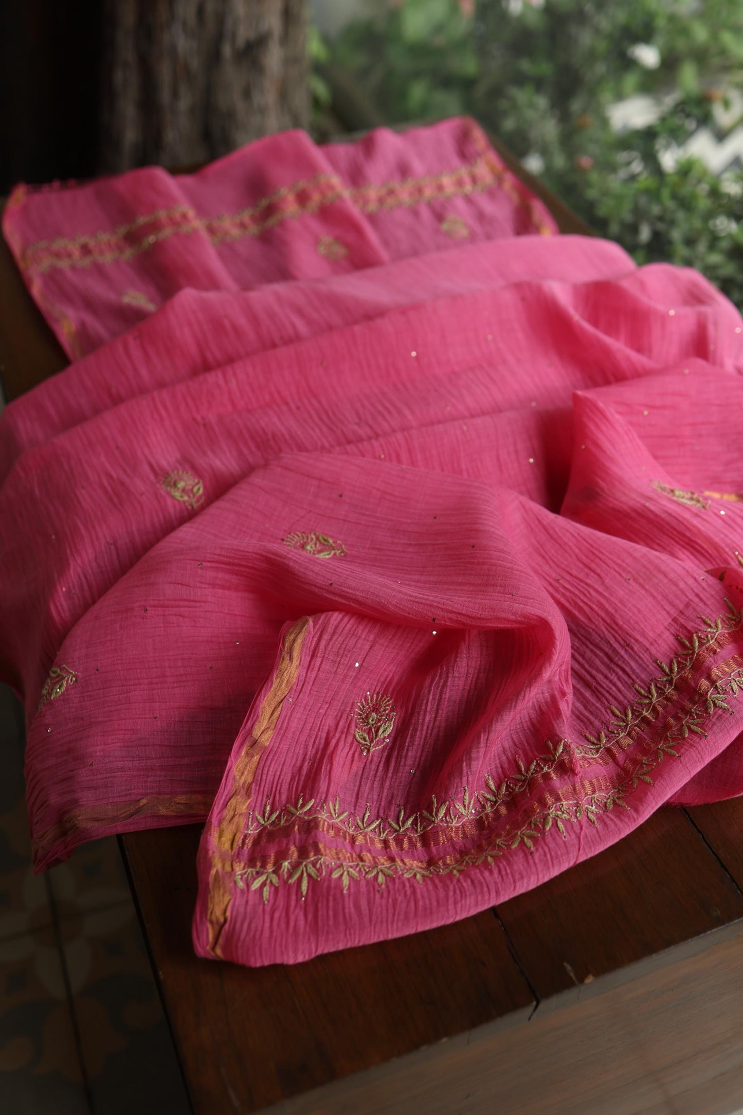 Tulip Pink & Beige Shade Mal Cotton Chikankari Unstitched Kurta Dupatta Fabric With Kamdani