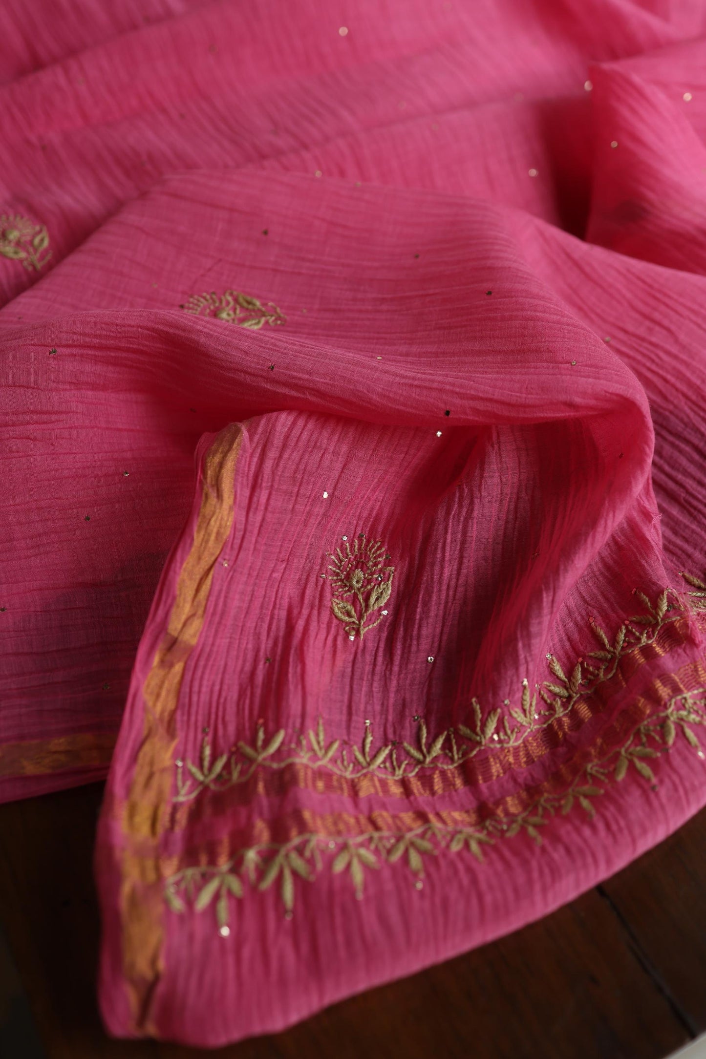 Tulip Pink & Beige Shade Mal Cotton Chikankari Unstitched Kurta Dupatta Fabric With Kamdani