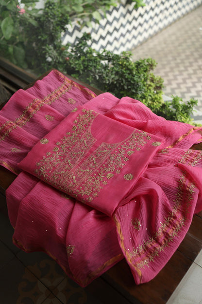 Tulip Pink & Beige Shade Mal Cotton Chikankari Unstitched Kurta Dupatta Fabric With Kamdani