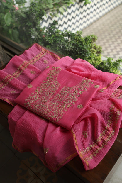 Tulip Pink & Beige Shade Mal Cotton Chikankari Unstitched Kurta Dupatta Fabric With Kamdani
