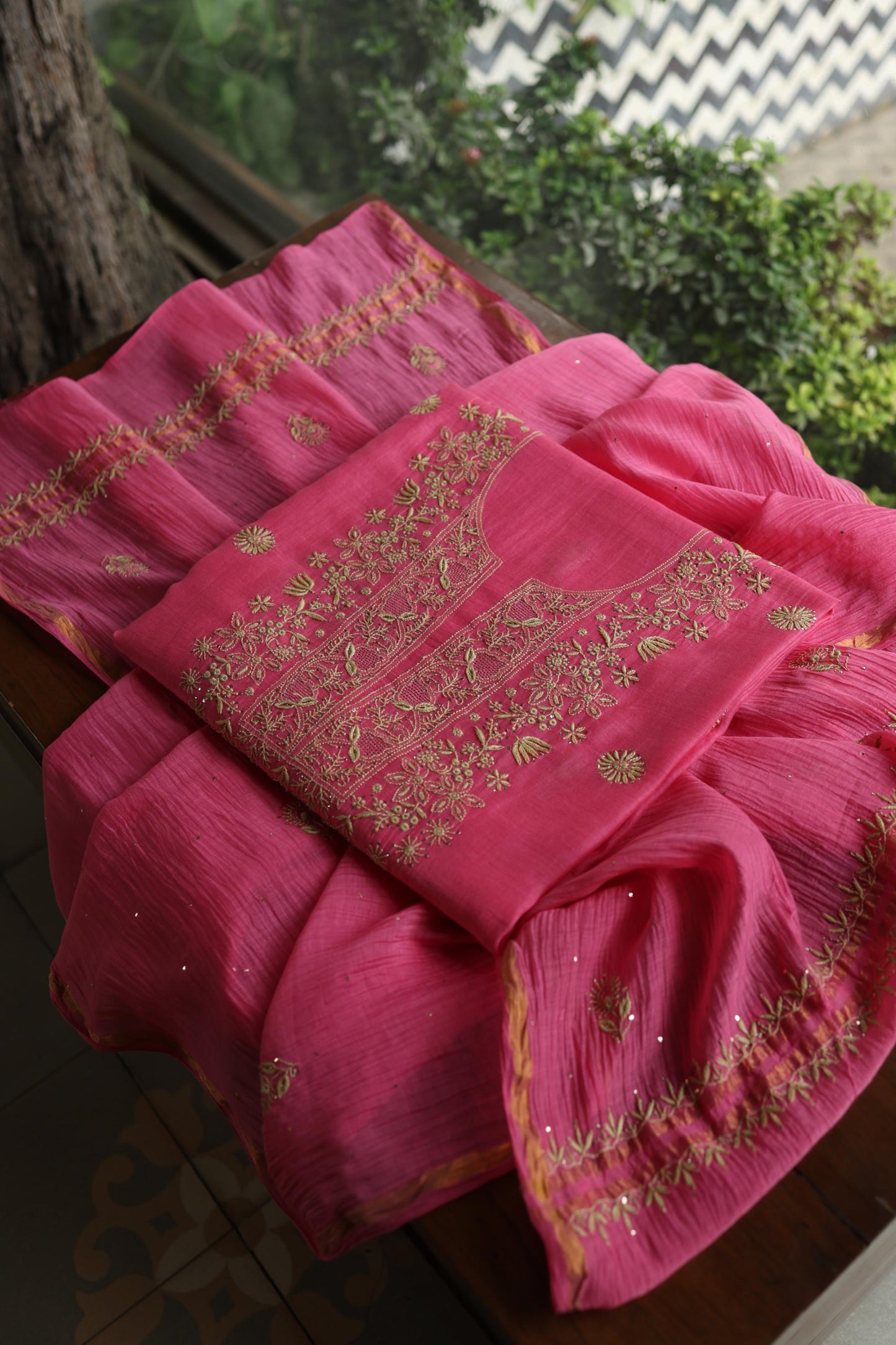 Tulip Pink & Beige Shade Mal Cotton Chikankari Unstitched Kurta Dupatta Fabric With Kamdani