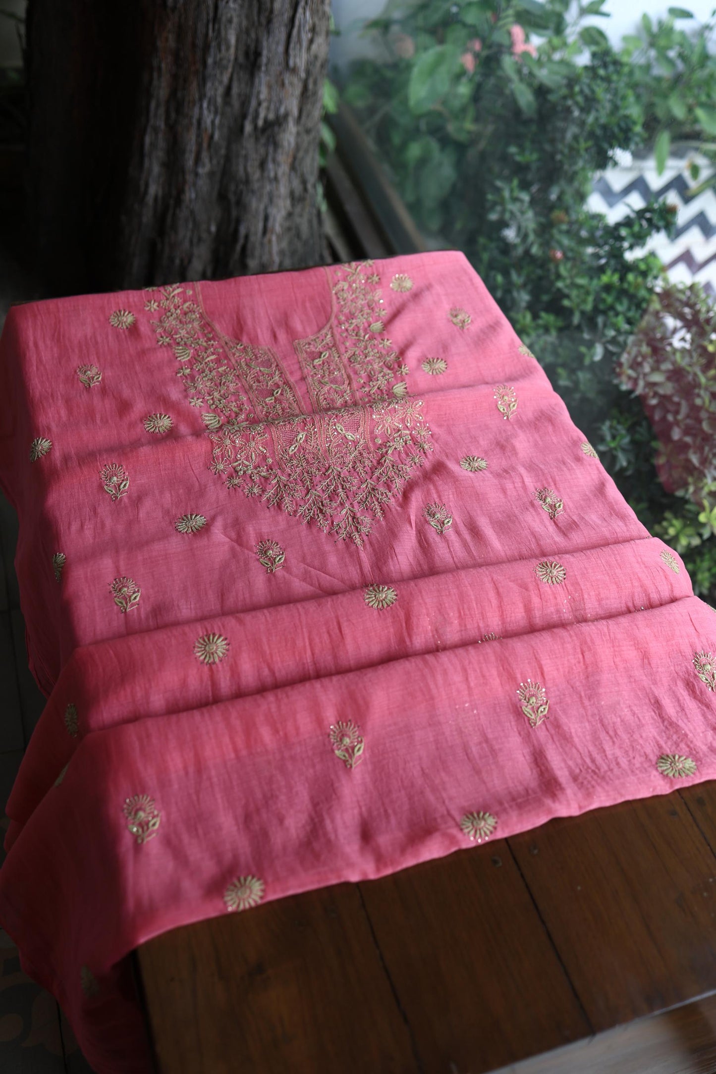Tulip Pink & Beige Shade Mal Cotton Chikankari Unstitched Kurta Dupatta Fabric With Kamdani