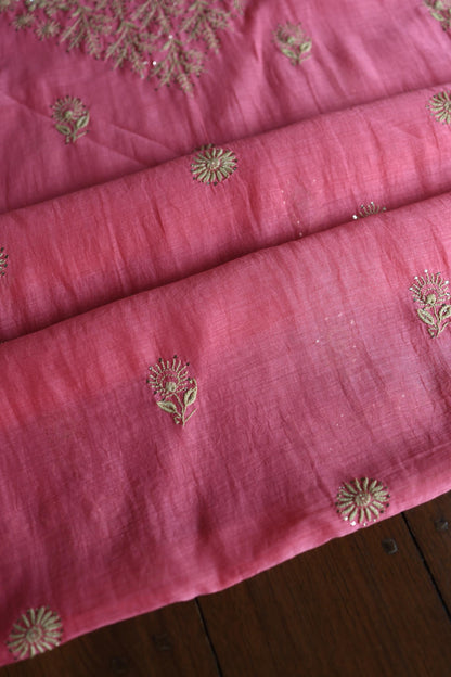 Tulip Pink & Beige Shade Mal Cotton Chikankari Unstitched Kurta Dupatta Fabric With Kamdani