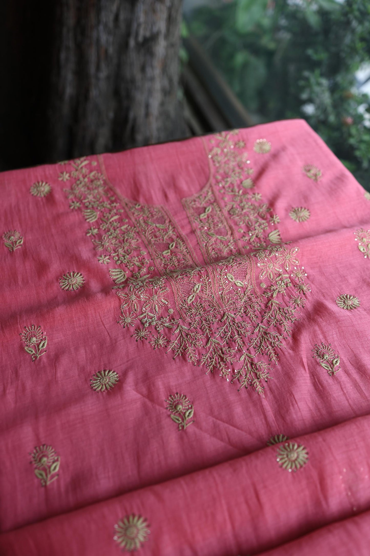 Tulip Pink & Beige Shade Mal Cotton Chikankari Unstitched Kurta Dupatta Fabric With Kamdani