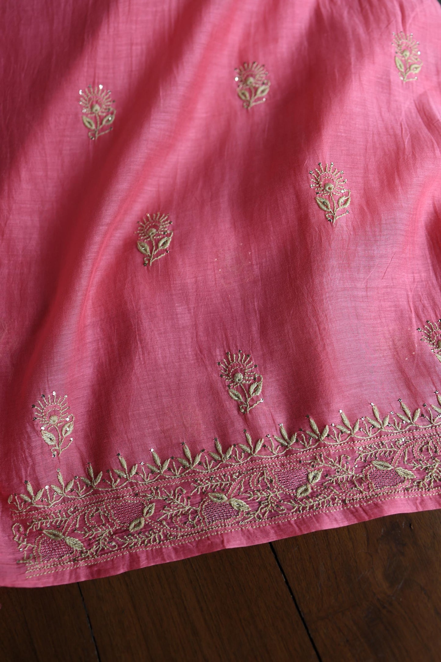 Tulip Pink & Beige Shade Mal Cotton Chikankari Unstitched Kurta Dupatta Fabric With Kamdani