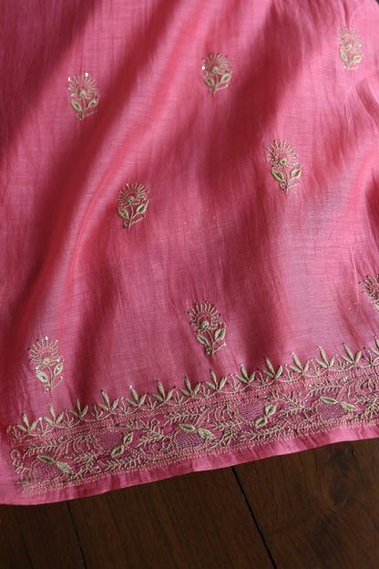 Tulip Pink & Beige Shade Mal Cotton Chikankari Unstitched Kurta Dupatta Fabric With Kamdani