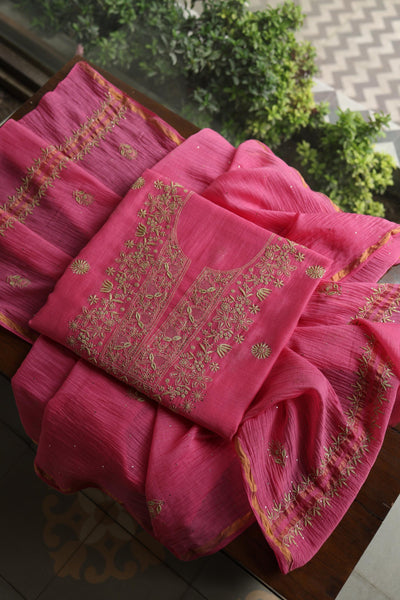 Tulip Pink & Beige Shade Mal Cotton Chikankari Unstitched Kurta Dupatta Fabric With Kamdani