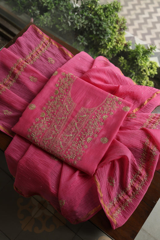 Tulip Pink & Beige Shade Mal Cotton Chikankari Unstitched Kurta Dupatta Fabric With Kamdani