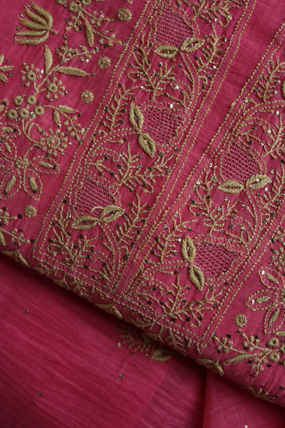 Tulip Pink & Beige Shade Mal Cotton Chikankari Unstitched Kurta Dupatta Fabric With Kamdani