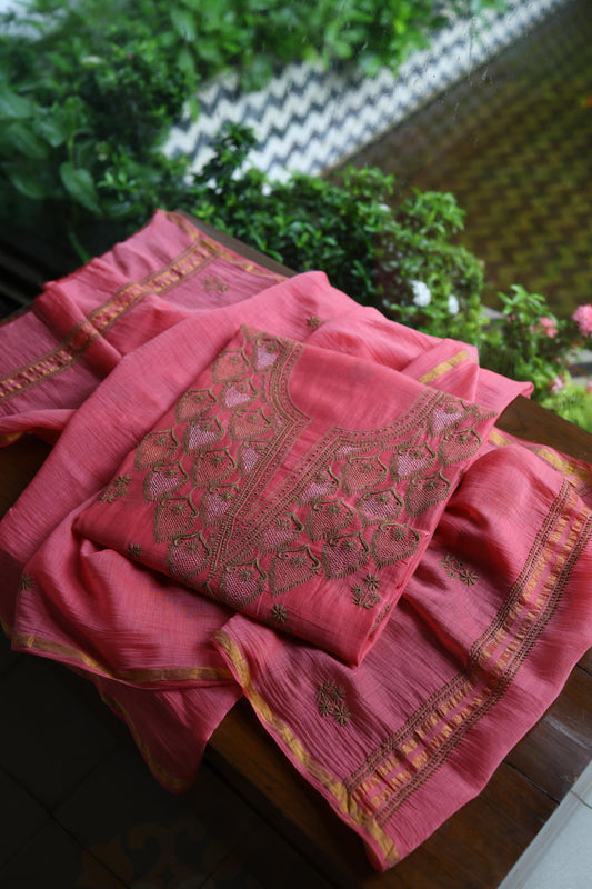 Tulip Pink & Beige Shade Mal Cotton Chikankari Unstitched Kurta Dupatta Fabric