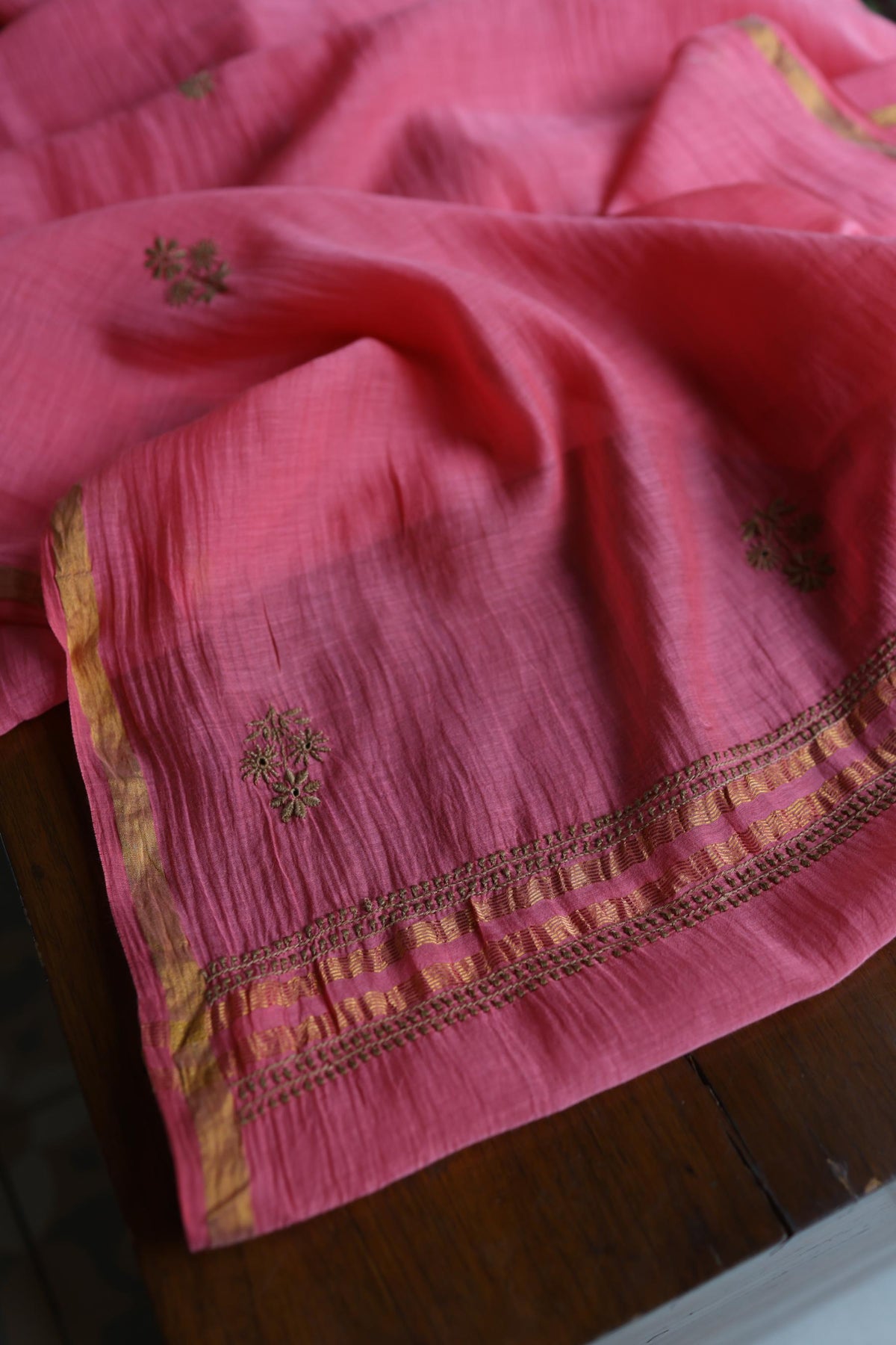 Tulip Pink & Beige Shade Mal Cotton Chikankari Unstitched Kurta Dupatta Fabric
