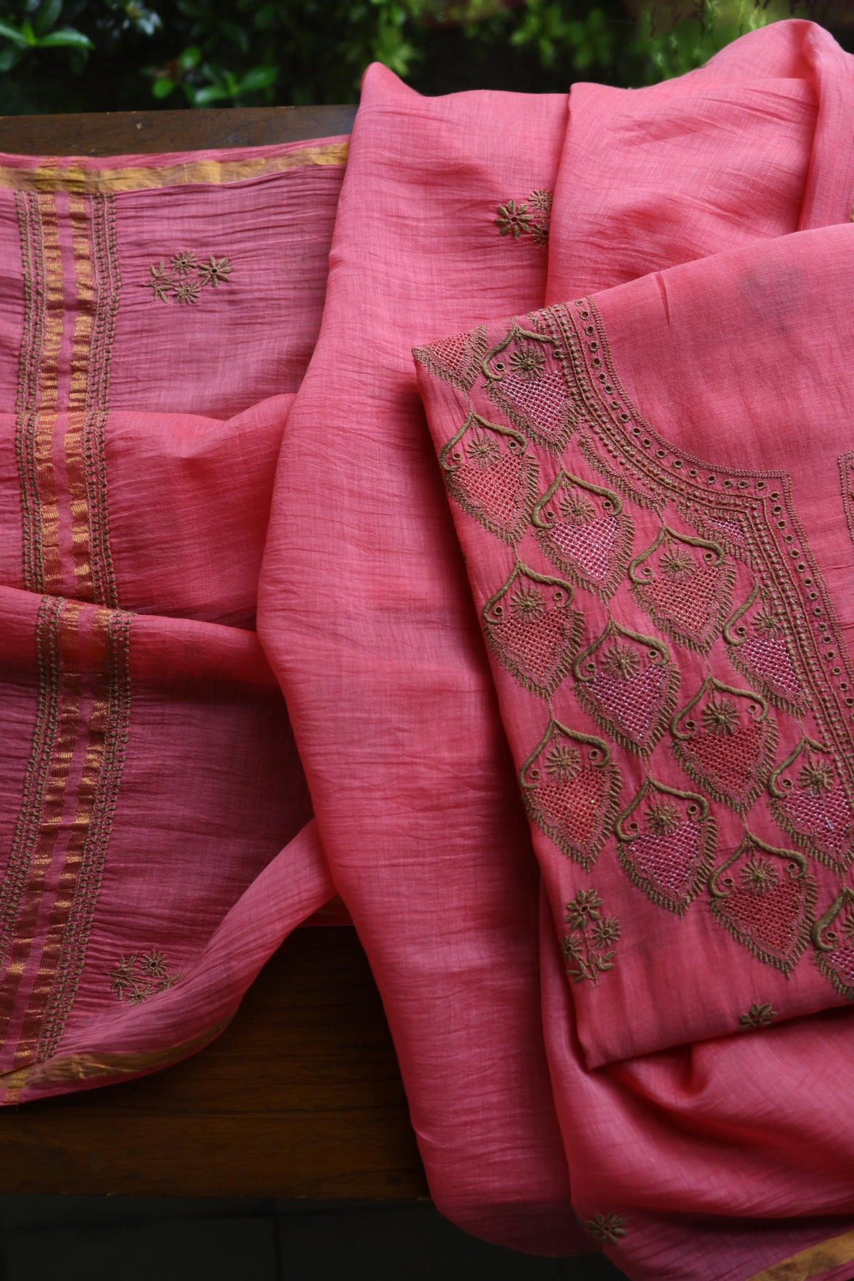 Tulip Pink & Beige Shade Mal Cotton Chikankari Unstitched Kurta Dupatta Fabric