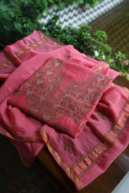 Tulip Pink & Beige Shade Mal Cotton Chikankari Unstitched Kurta Dupatta Fabric