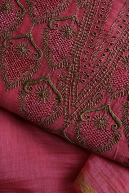Tulip Pink & Beige Shade Mal Cotton Chikankari Unstitched Kurta Dupatta Fabric
