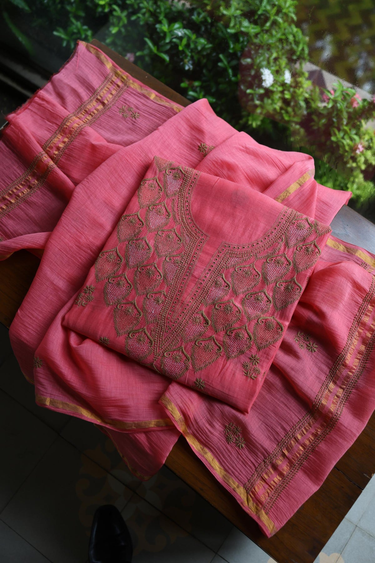 Tulip Pink & Beige Shade Mal Cotton Chikankari Unstitched Kurta Dupatta Fabric
