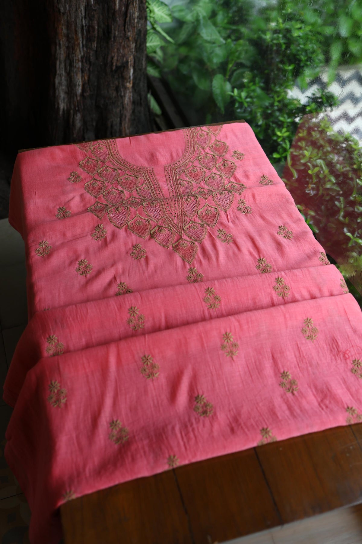 Tulip Pink & Beige Shade Mal Cotton Chikankari Unstitched Kurta Dupatta Fabric