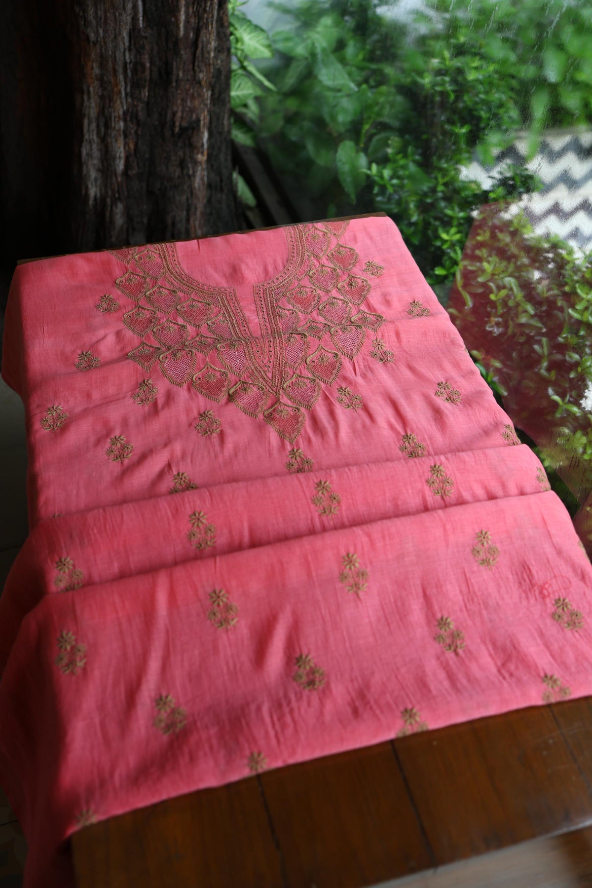 Tulip Pink & Beige Shade Mal Cotton Chikankari Unstitched Kurta Dupatta Fabric