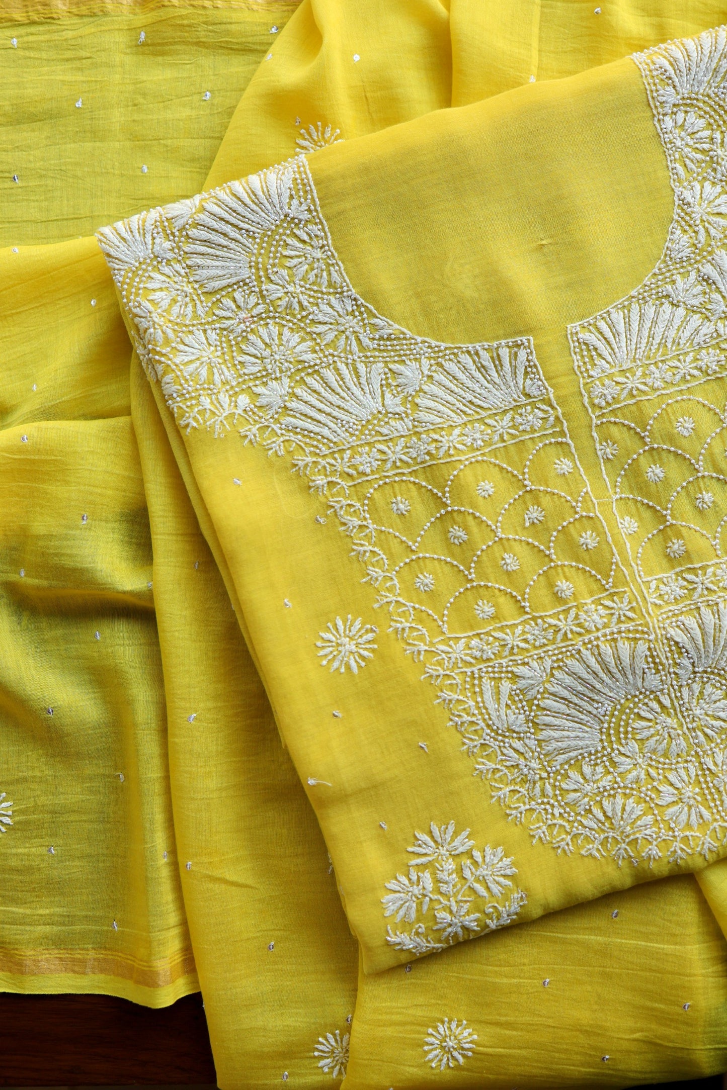 Tulip Yellow Pearl Work Chikankari Unstitched Fabric