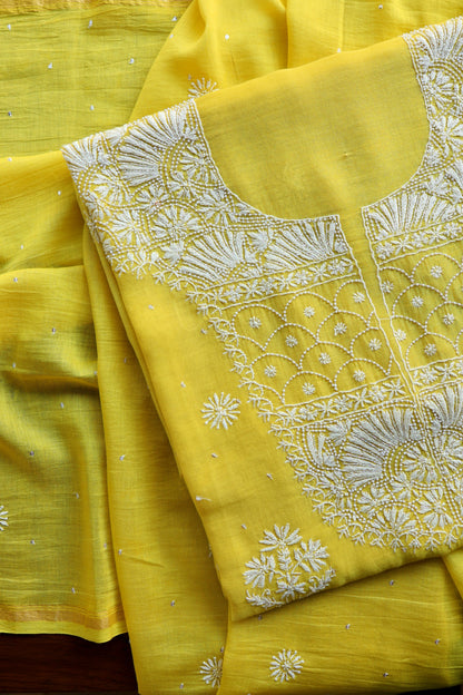 Tulip Yellow Pearl Work Chikankari Unstitched Fabric
