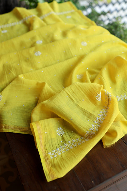 Tulip Yellow Pearl Work Chikankari Unstitched Fabric