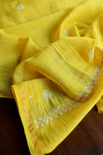 Tulip Yellow Pearl Work Chikankari Unstitched Fabric
