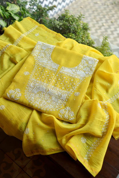 Tulip Yellow Pearl Work Chikankari Unstitched Fabric