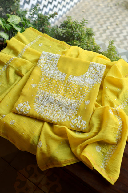 Tulip Yellow Pearl Work Chikankari Unstitched Fabric
