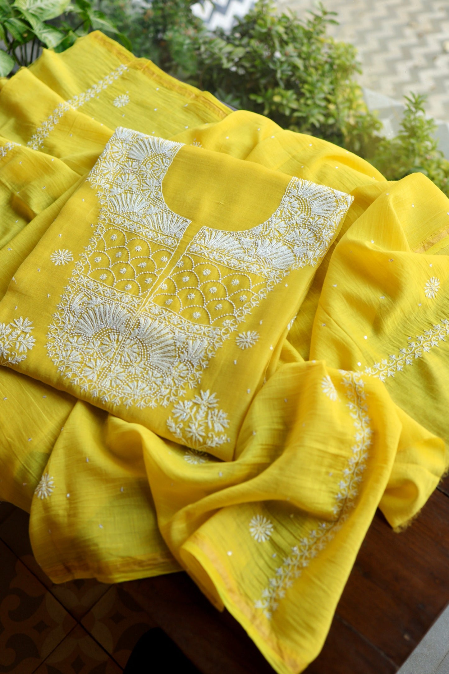 Tulip Yellow Pearl Work Chikankari Unstitched Fabric