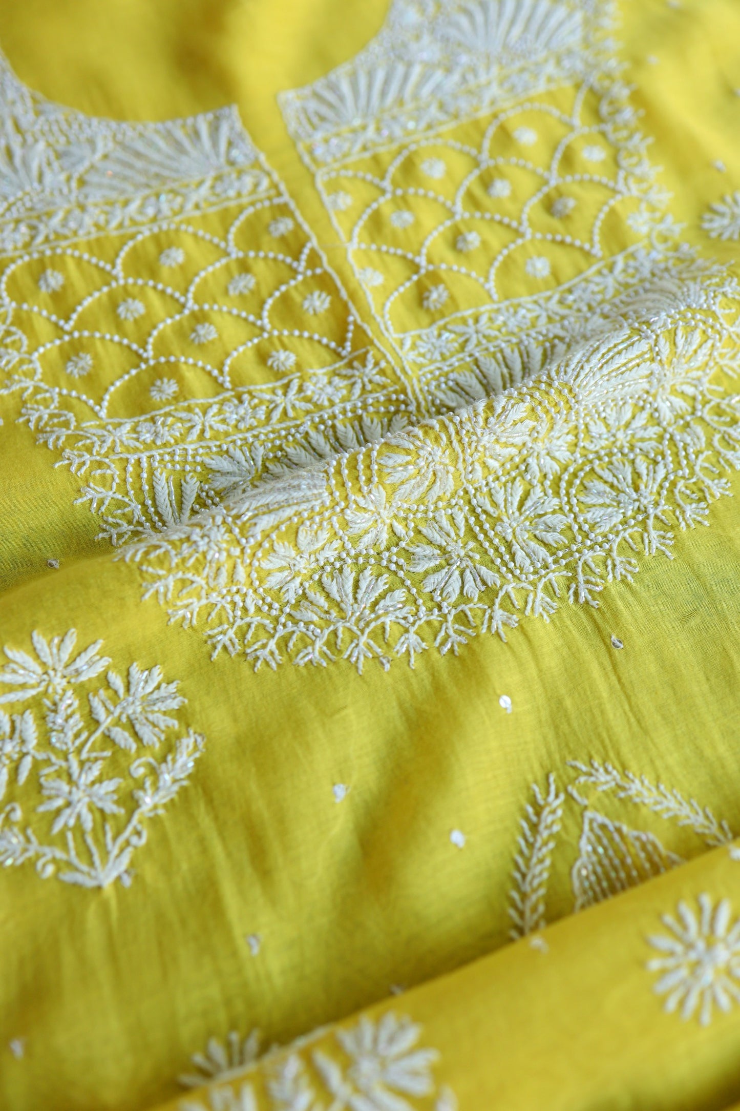 Tulip Yellow Pearl Work Chikankari Unstitched Fabric