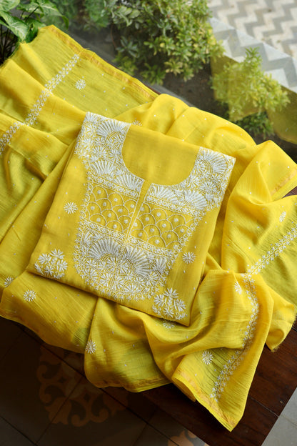 Tulip Yellow Pearl Work Chikankari Unstitched Fabric