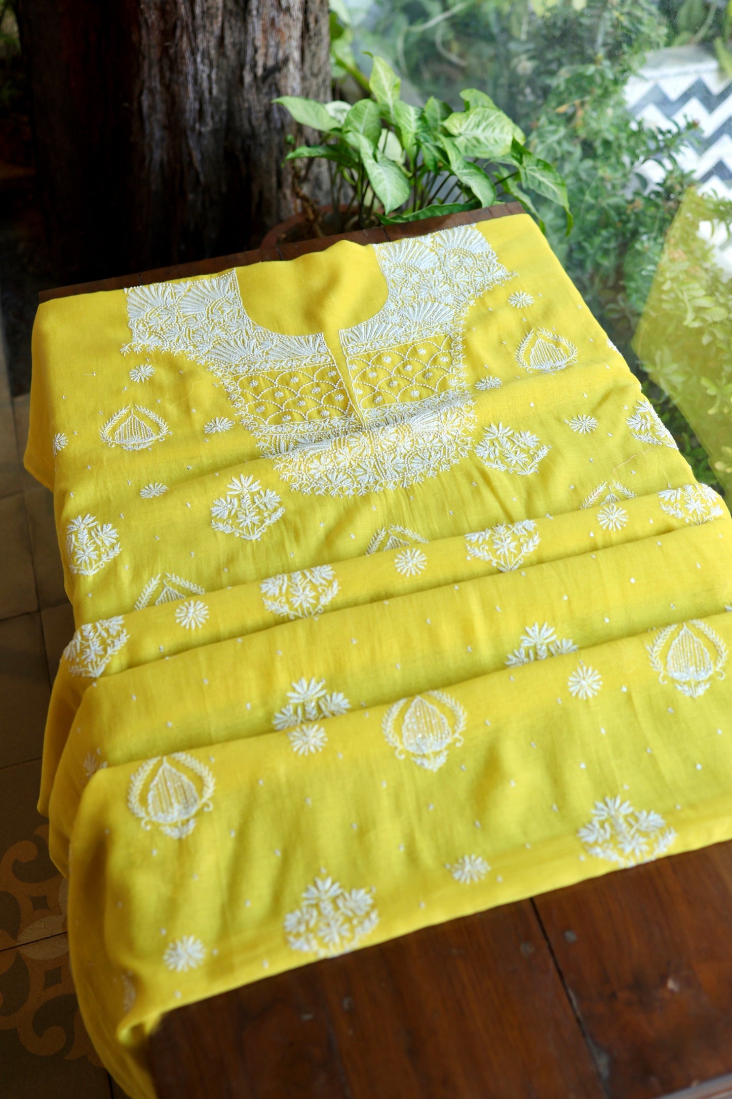 Tulip Yellow Pearl Work Chikankari Unstitched Fabric