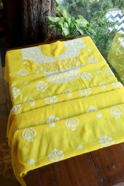 Tulip Yellow Pearl Work Chikankari Unstitched Fabric