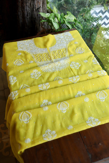 Tulip Yellow Pearl Work Chikankari Unstitched Fabric