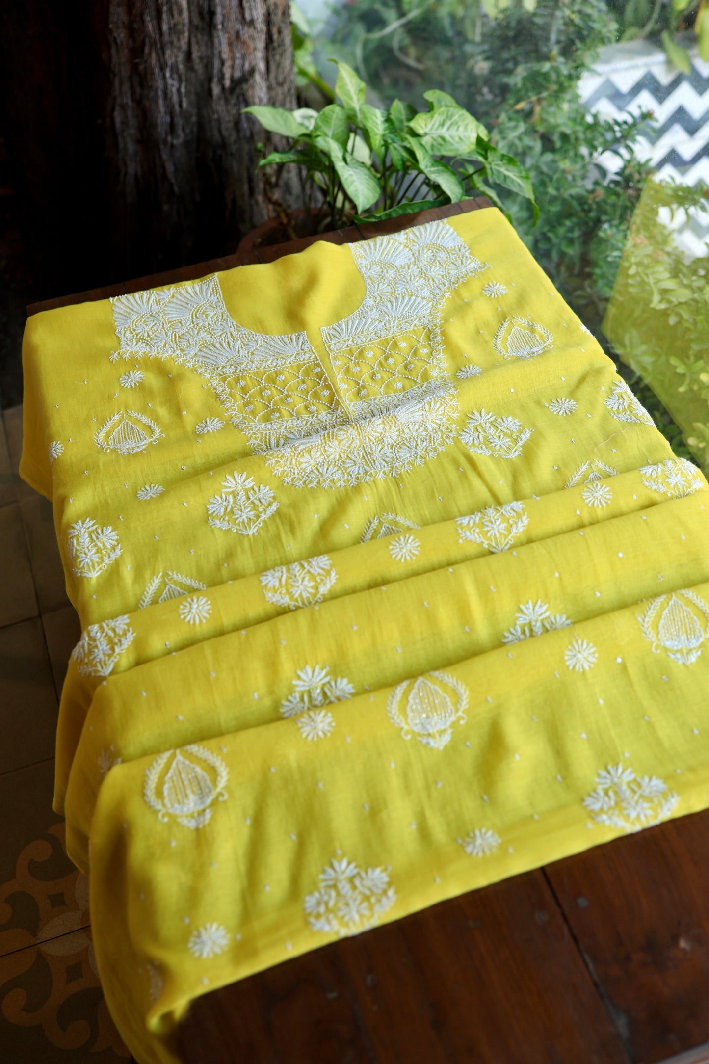 Tulip Yellow Pearl Work Chikankari Unstitched Fabric