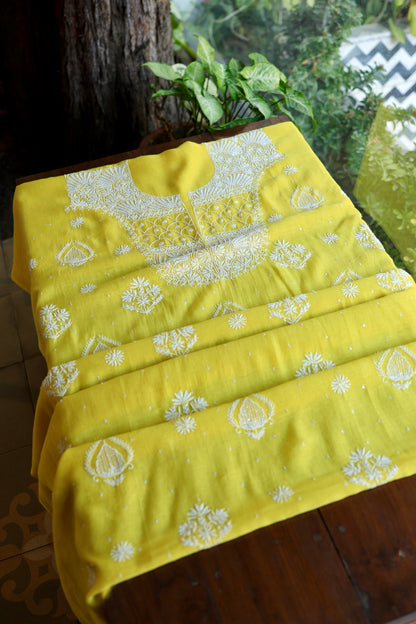 Tulip Yellow Pearl Work Chikankari Unstitched Fabric