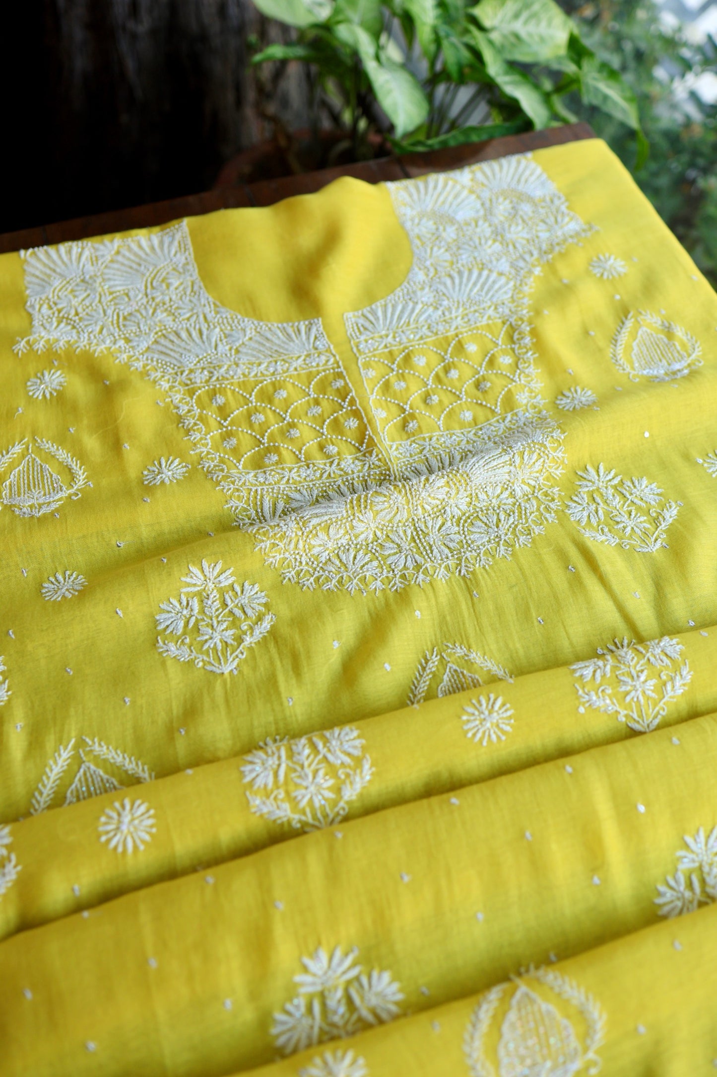 Tulip Yellow Pearl Work Chikankari Unstitched Fabric
