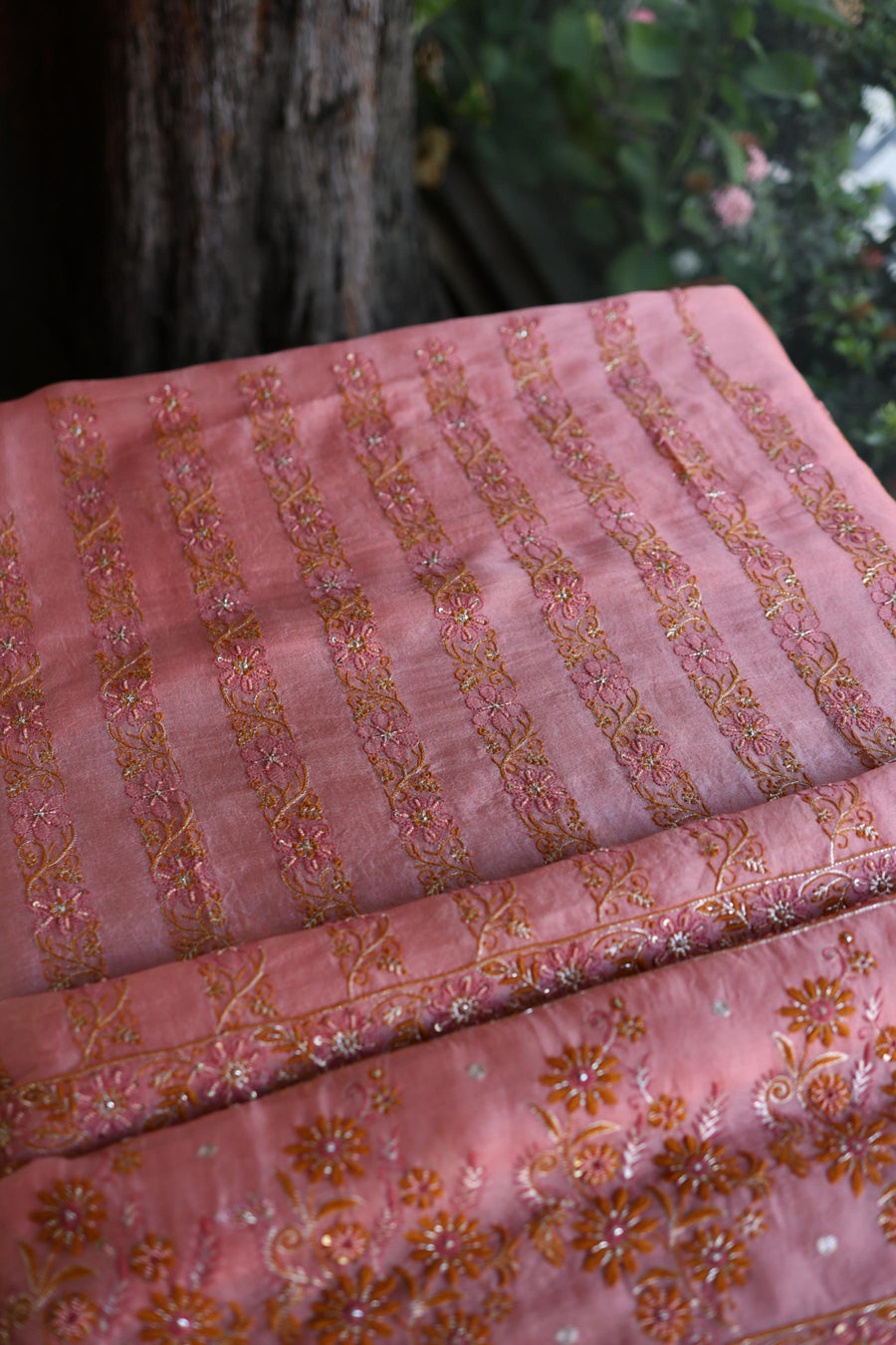 Turkish Rose Organza Banarasi Silk Chikankari Unstitched Kurta Dupatta Set