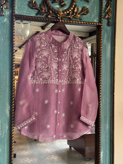 Turkish Rose Shade Noor Organza Chikankari Collar Ready To Wear Short Top