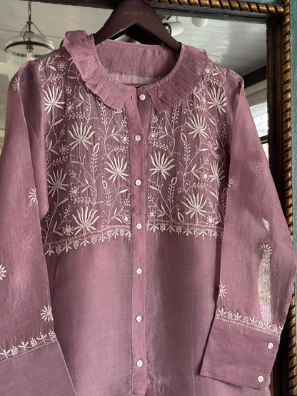 Turkish Rose Shade Noor Organza Chikankari Collar Ready To Wear Short Top
