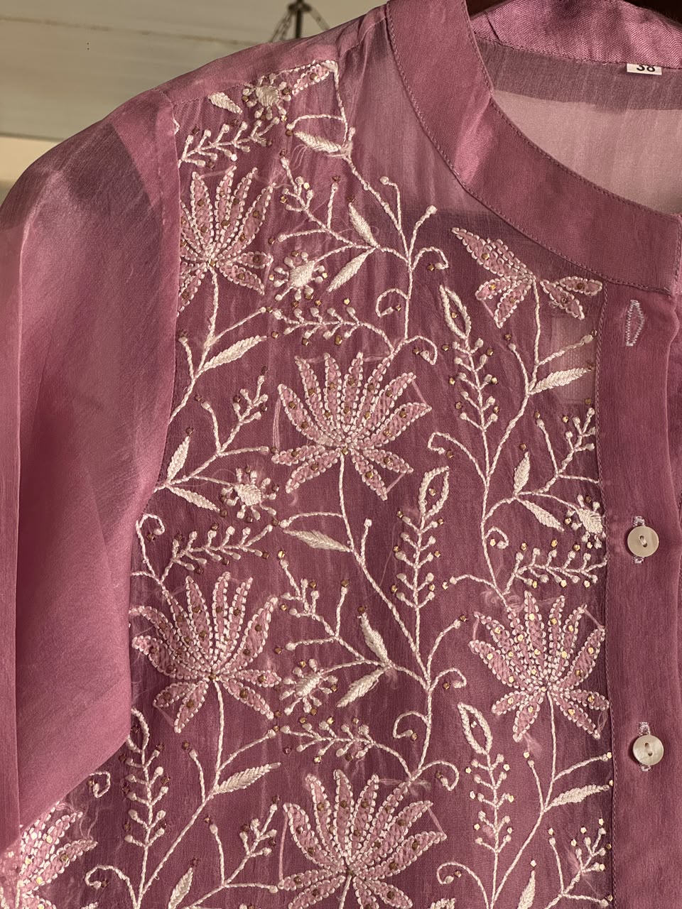Turkish Rose Shade Noor Organza Chikankari Collar Ready To Wear Short Top