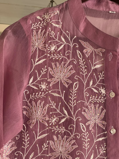 Turkish Rose Shade Noor Organza Chikankari Collar Ready To Wear Short Top
