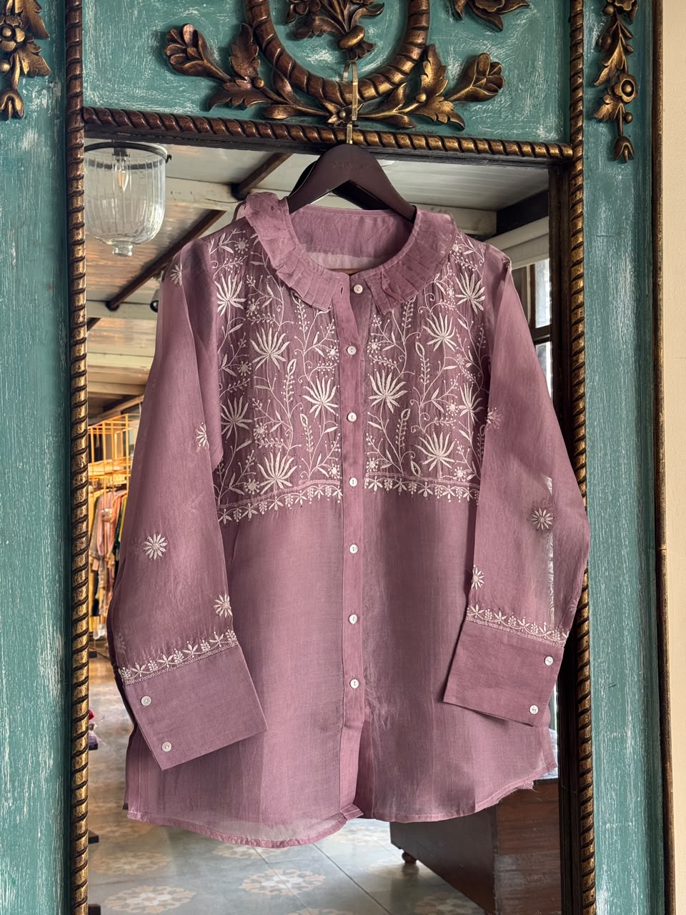 Turkish Rose Shade Noor Organza Chikankari Collar Ready To Wear Short Top