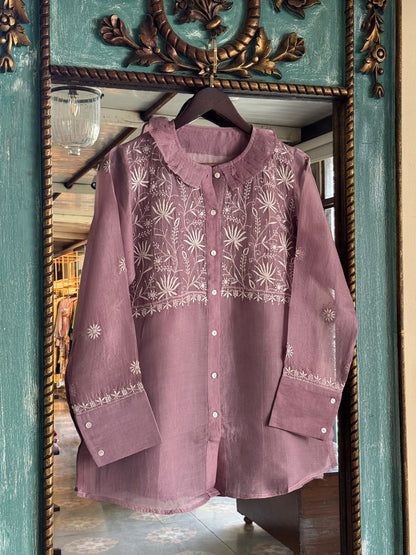 Turkish Rose Shade Noor Organza Chikankari Collar Ready To Wear Short Top