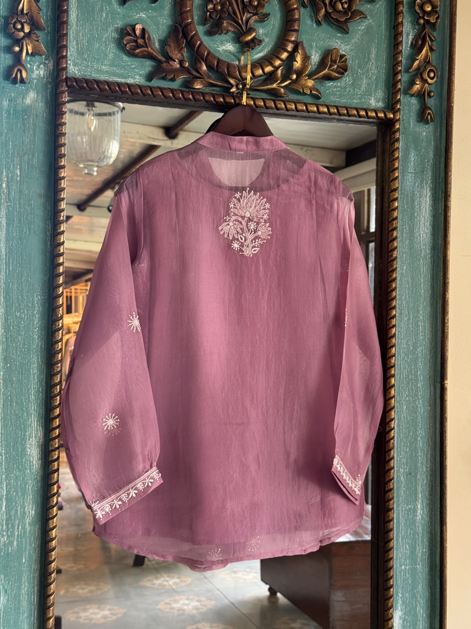 Turkish Rose Shade Noor Organza Chikankari Collar Ready To Wear Short Top