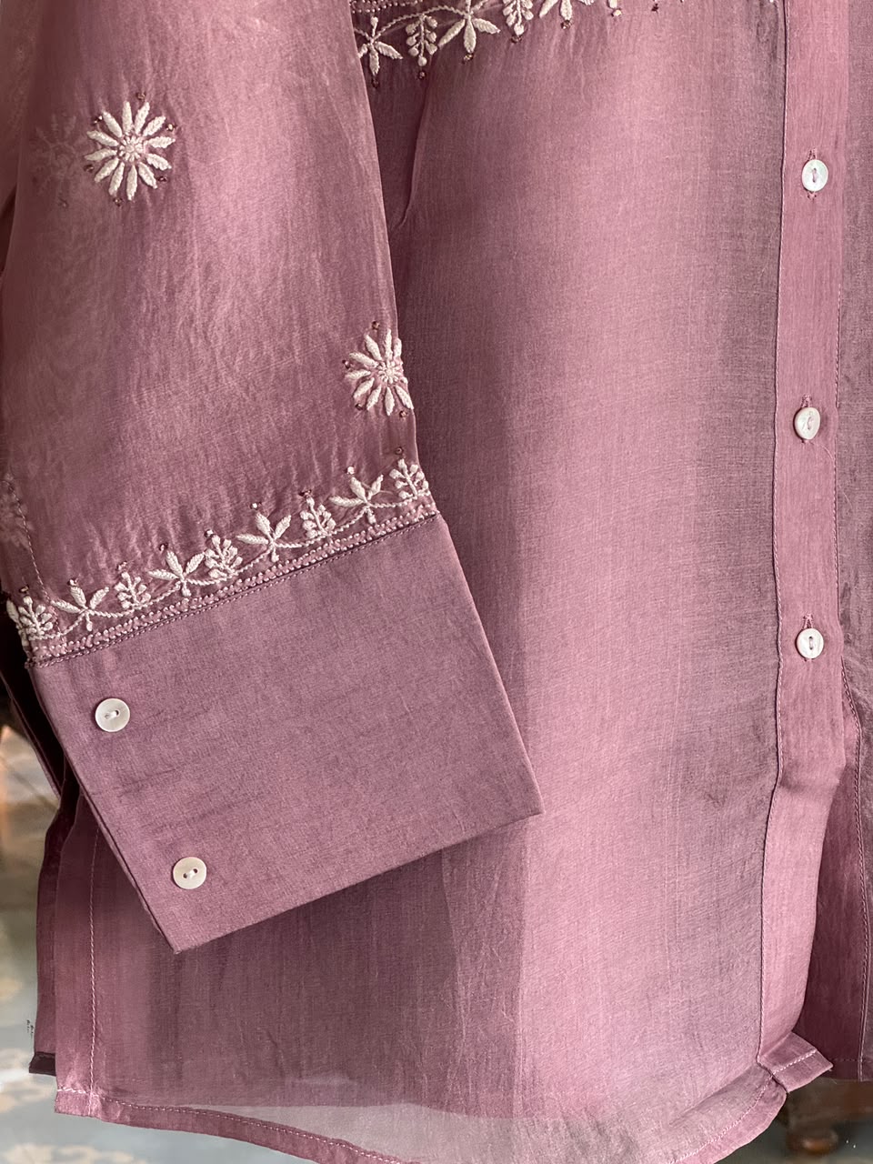 Turkish Rose Shade Noor Organza Chikankari Collar Ready To Wear Short Top