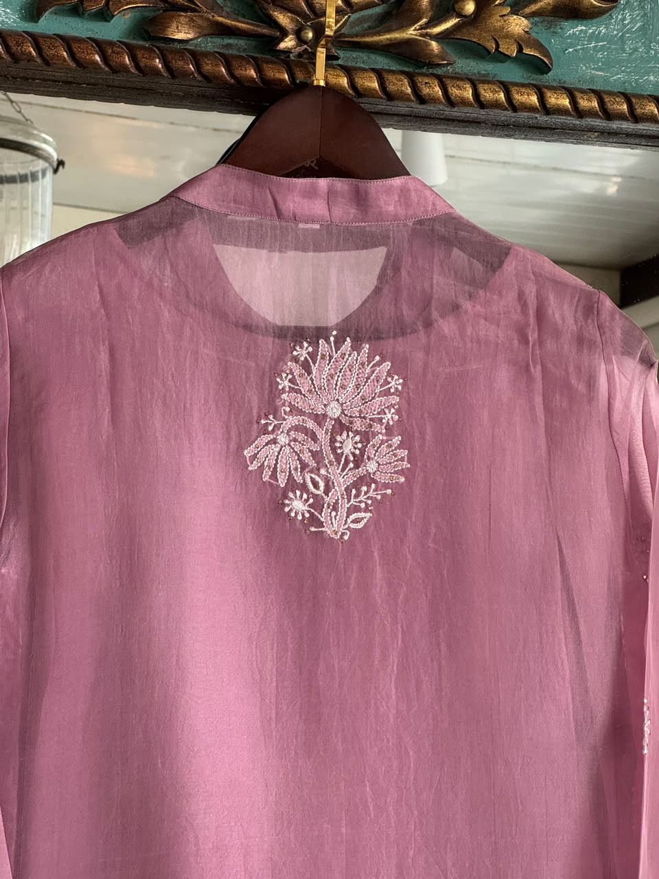 Turkish Rose Shade Noor Organza Chikankari Collar Ready To Wear Short Top