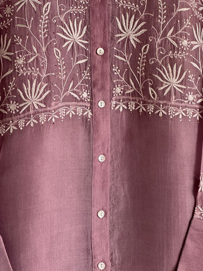 Turkish Rose Shade Noor Organza Chikankari Collar Ready To Wear Short Top