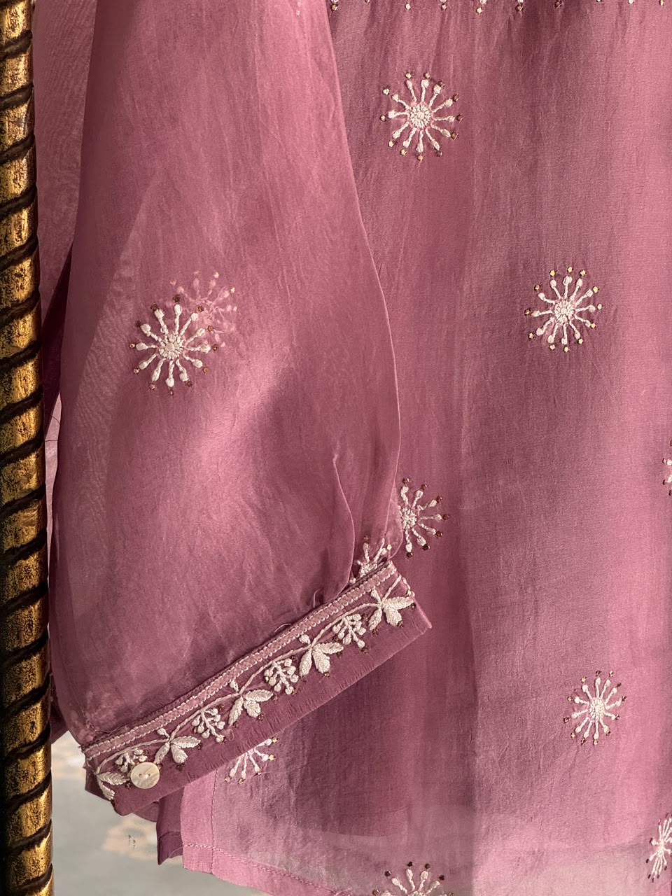 Turkish Rose Shade Noor Organza Chikankari Collar Ready To Wear Short Top