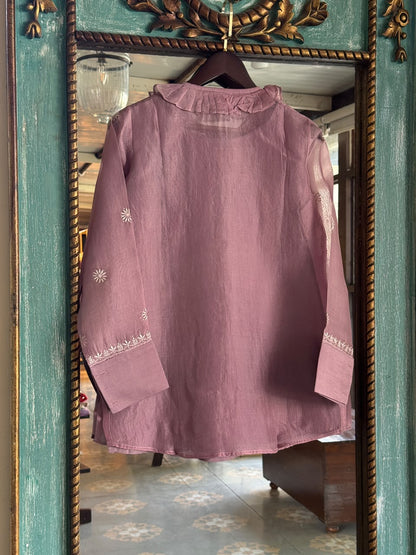 Turkish Rose Shade Noor Organza Chikankari Collar Ready To Wear Short Top