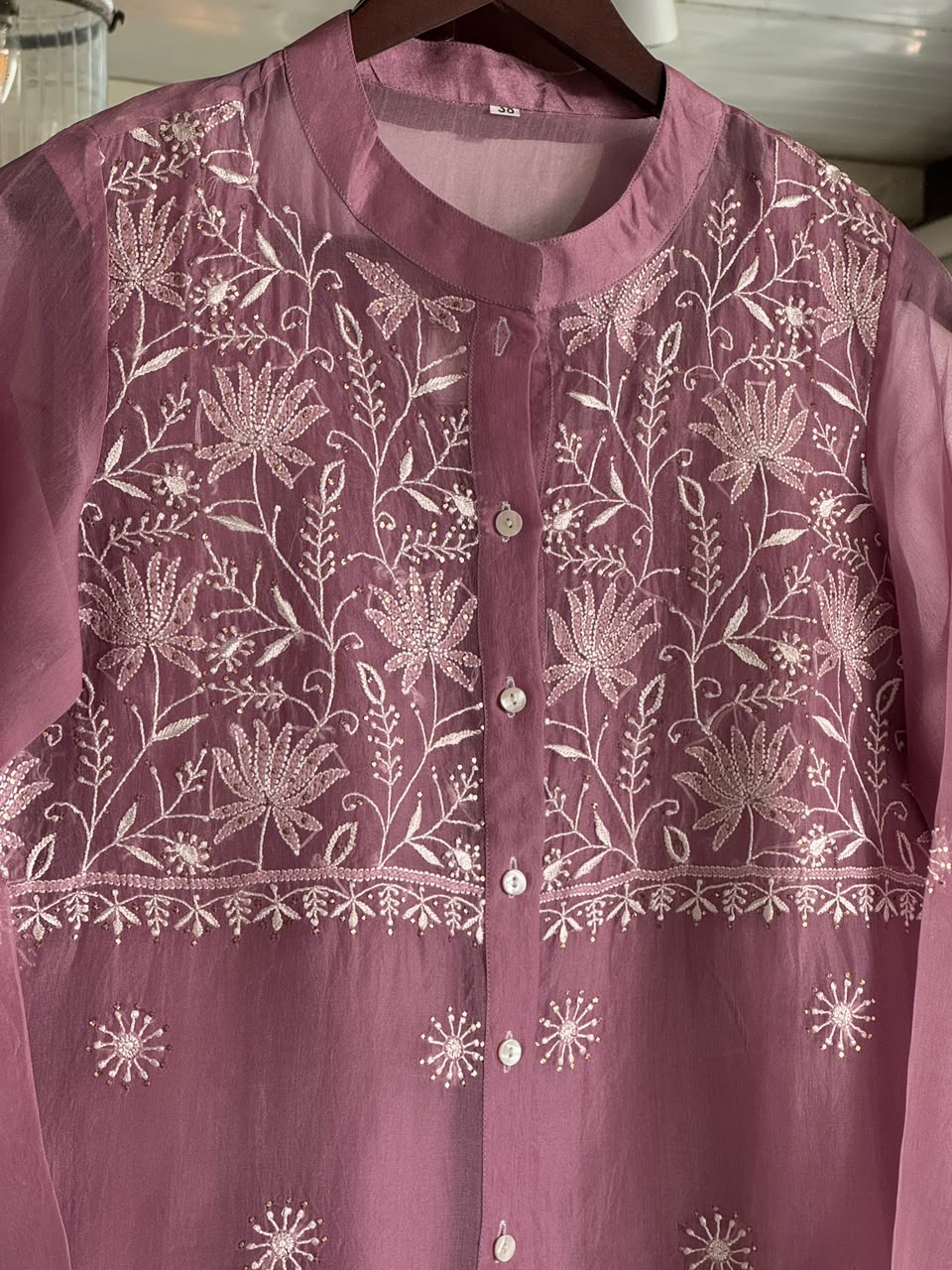 Turkish Rose Shade Noor Organza Chikankari Collar Ready To Wear Short Top